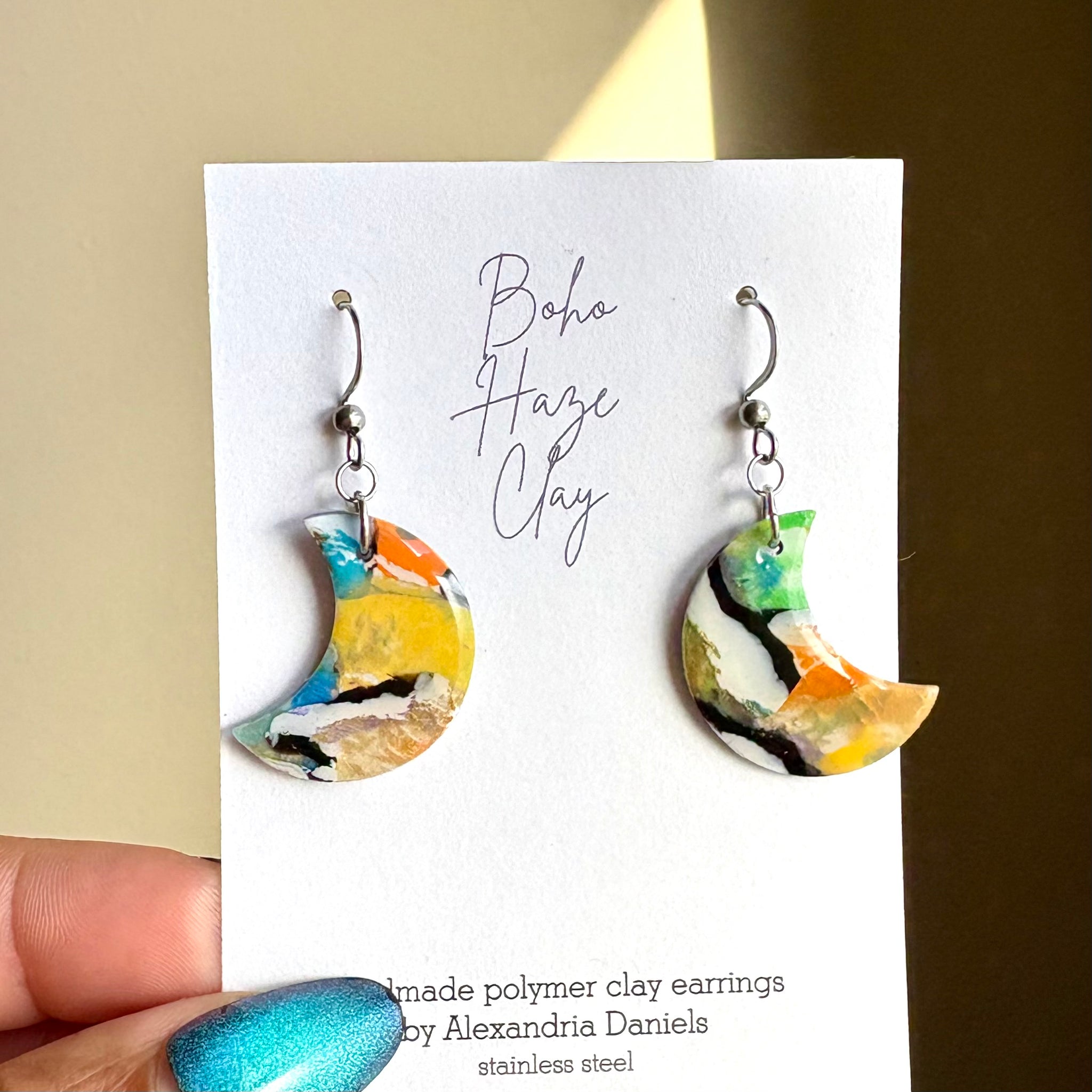 Watercolor Small Crescent Moon Dangles