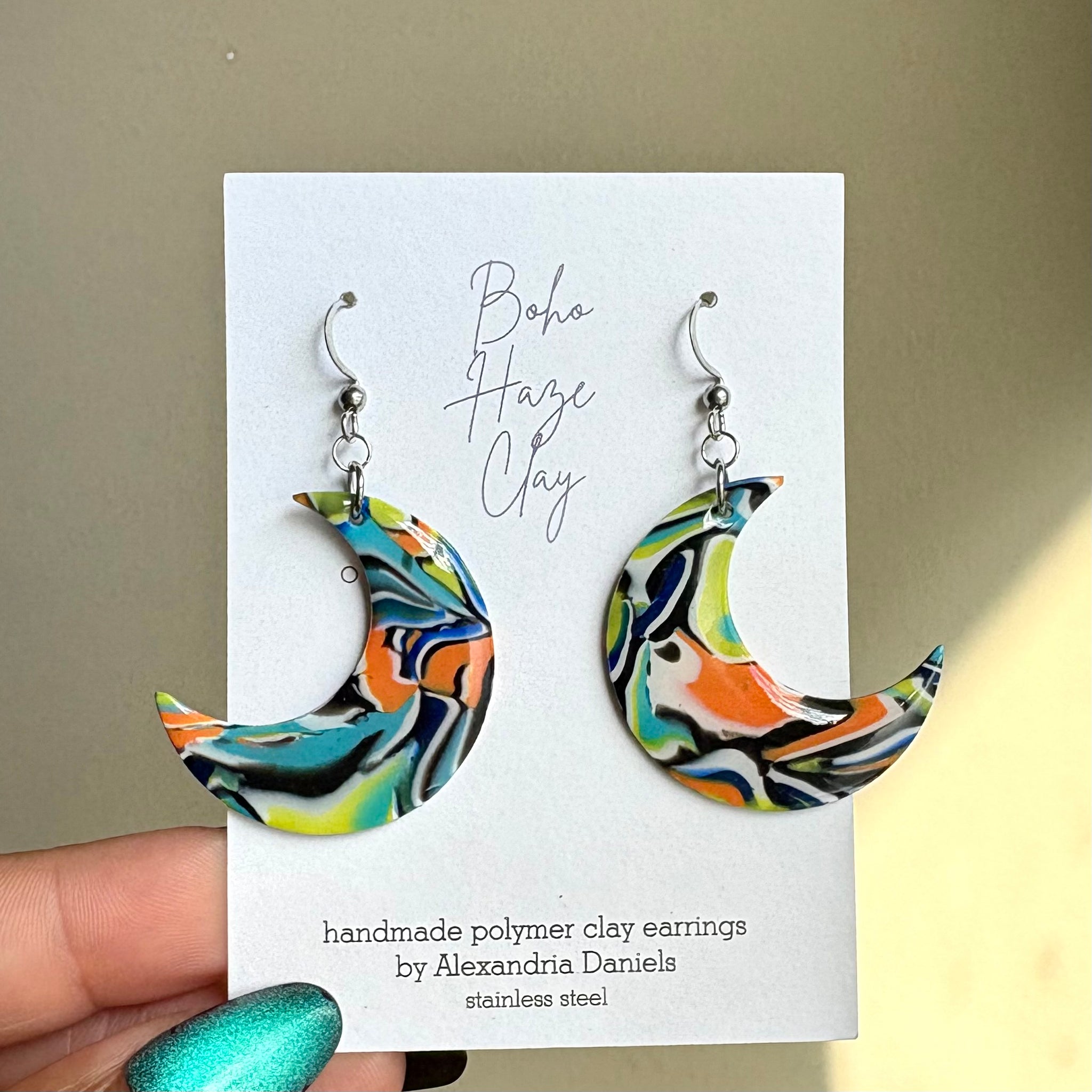 Neon Tide Crescent Moon Dangles