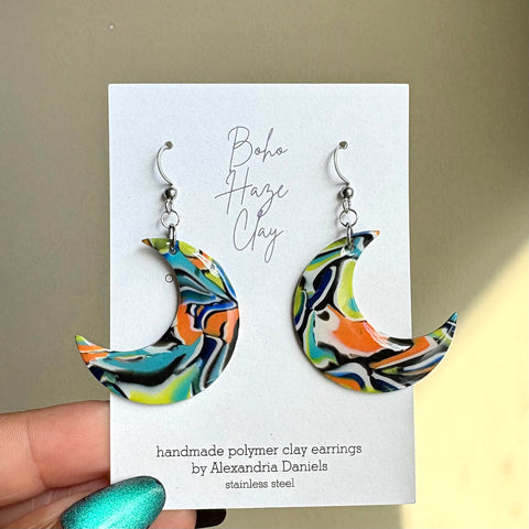 Neon Tide Crescent Moon Dangles