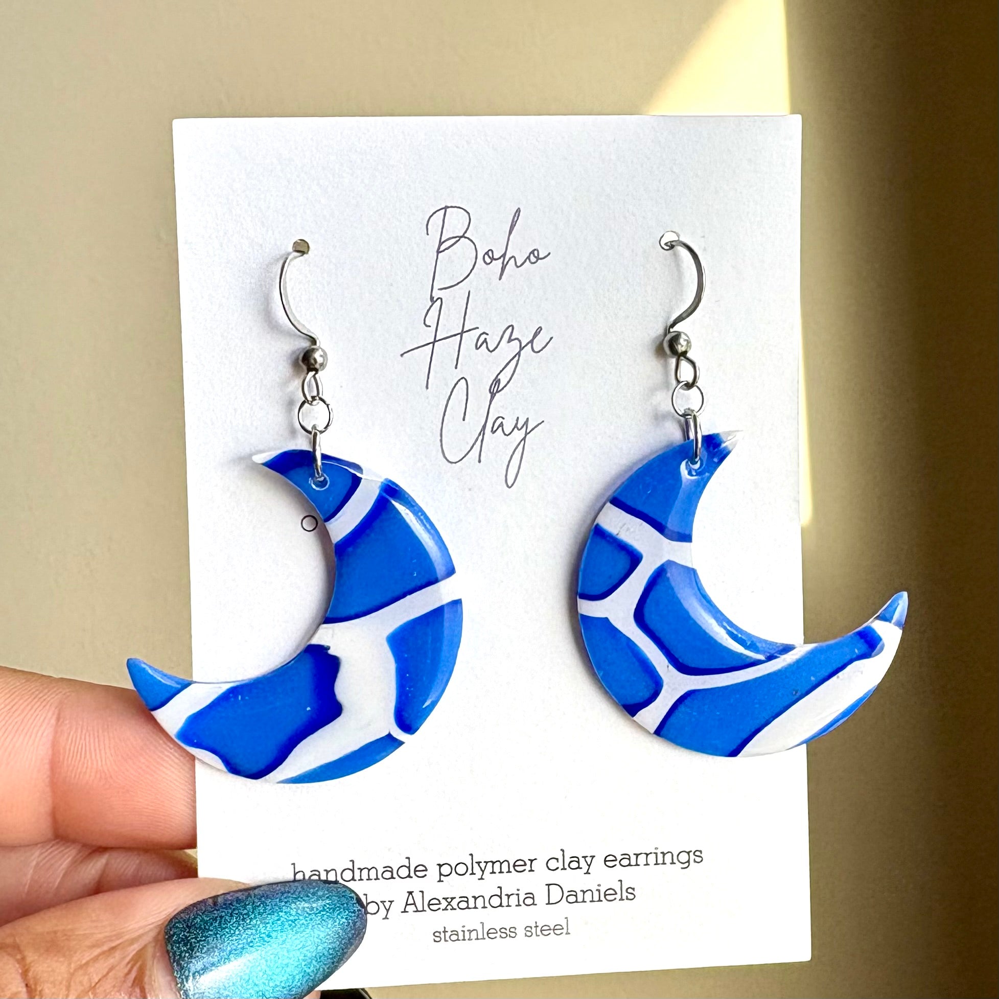 Blue Giraffe Crescent Moon Dangles